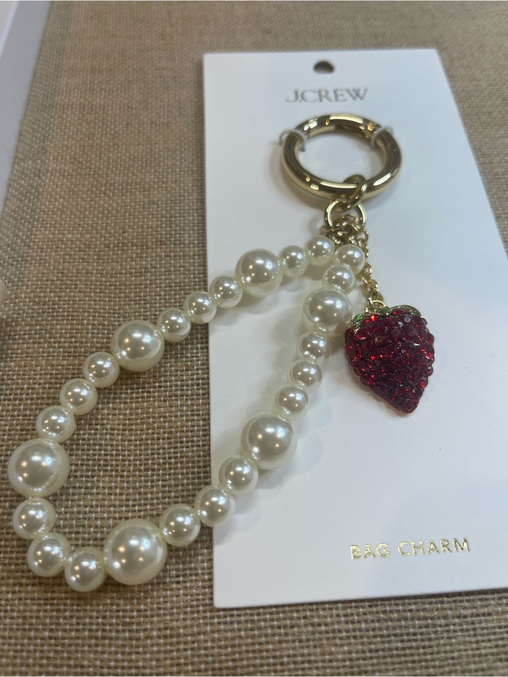 J. Crew Gold-Tone Pearl Bracelet Bag Charm with Red Crystal Strawberry
